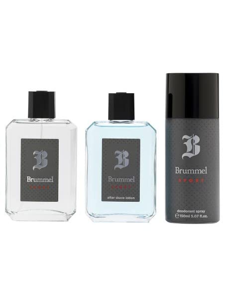 BRUMMEL - Sport Colonia 125 ml + After Shave 125 ml + Desodorante Spray 150 ml, Estuche de Regalo Hombre, Pack 3 Piezas, Eau de Toilette para Hombre, Aroma Oriental Amaderado, Fragancia Fresca