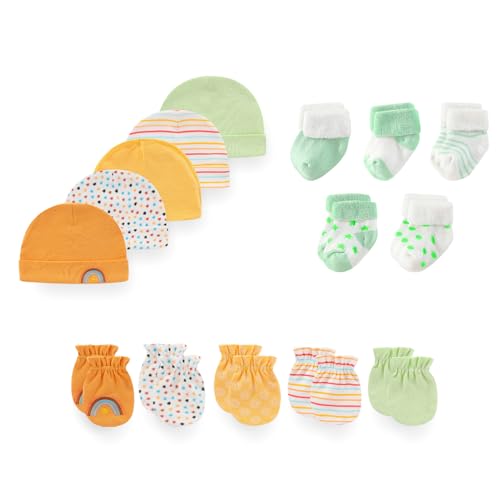 Image of JELYLOVE 15 Pack Unisex New Born Boy Girls Hats Mittens Socks Sets Cotton Soft Infant Accessory 0-6 Months Baby Essentials