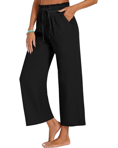 Riyiper 2 Pcs Women's Wide Leg Pants, Casual Linen High Waisted Cropped Trousers with Pockets Drawstring Loose Palazzo Pants (Black, White,Small)2