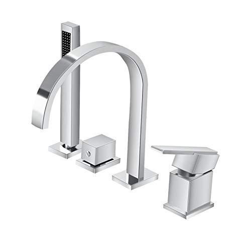 WATHELS Modern 4-Hole Waterfall Chrome Bathtub Faucet Bathroom Roman Tub Filler with Handheld Shower