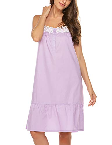 Ekouaer Sleepwear Sleeveless Nightgown Cotton Sleep Dress Victorian Sleepshirt Strap Gown For Women Purple Large #TOP2