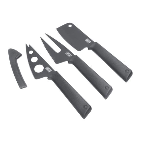 Kuhn Rikon Colori+ Cheese Knife Set 3pcs Grey - 3 Cheese Knives with Protective Sheaths, Mini Cleaver, Cheese Fork and Soft Cheese Knife for Cutting Fruit, Bread, Hard and Soft Cheese