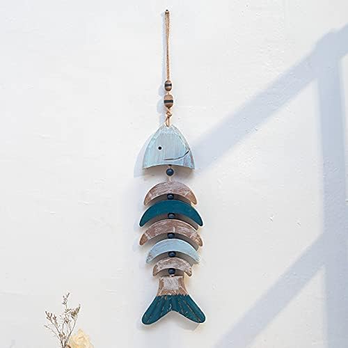 LuckyBamboo Hanging Vintage Wooden Fish Wall Art, Fishbone Fish Netting for Decoration Rustic Nautical Fish Decor for Beach Theme (Large 24.4")