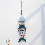 LuckyBamboo Hanging Vintage Wooden Fish Wall Art, Fishbone Fish Netting for Decoration Rustic Nautic