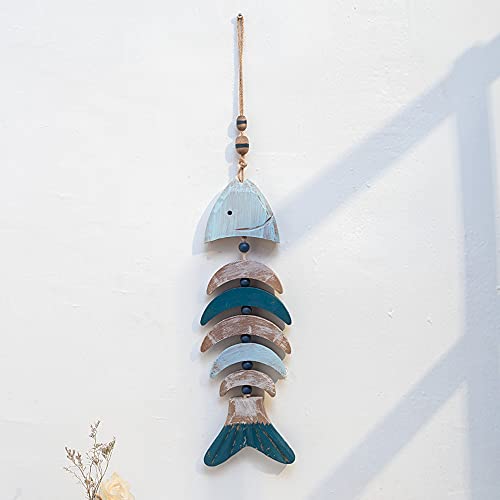 Luckybamboo Hanging Vintage Wooden Fish Wall Art, Fishbone Fish Netting For Decoration Rustic Nautical Fish Decor For Beach Theme (Large 24.4") #TOP2