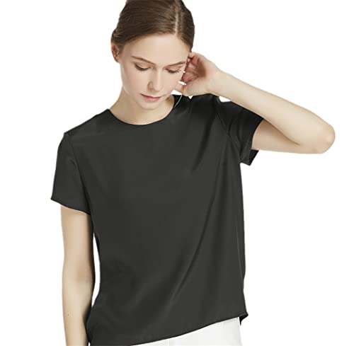 T-shirt en soie femme noir col rond, haut chic manches courtes taille S