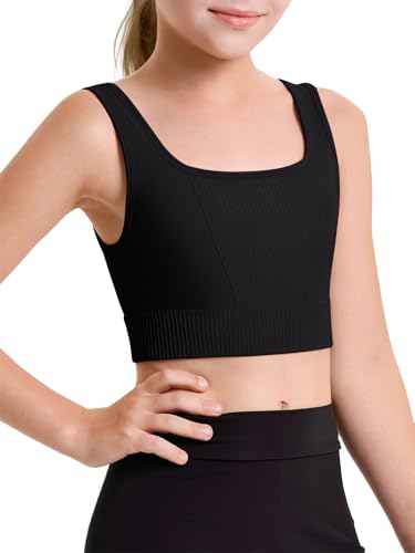 Haloumoning Girls Training Bra Sports Bra Kids Athletic Seamless Ribbed Stretchy Crop Tops Dance Yoga 5-14 Years