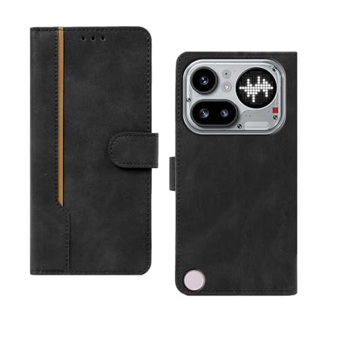 Image of amazon basics Nothing Phone 4A Pro 5G Flip Cover | Card Pockets Wallet & Stand | Flip Cover for Nothing Phone 4A Pro 5G (Black with Beige Strip)