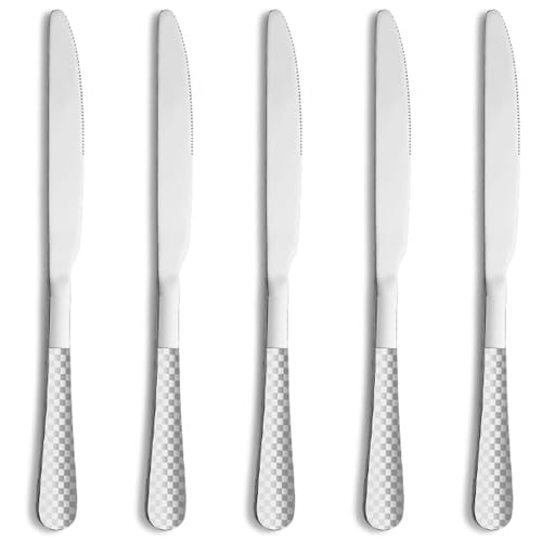 Image of 9 inch Sterling Silver Steak Knives Set of 5 with Checks Printed Handle ? Durable Stainless Steel Dinner Knife, Mirror Polished Silverware, Perfect for Home, Restaurant, and Gifting