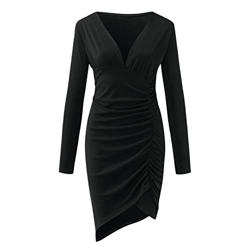 Outtop Sexy Pencil Dress For Women Long Sleeve Wrap Deep V Neck Solid Bodycon Ruched Casual Cocktail Party Midi Dresses (L, Black) #TOP3