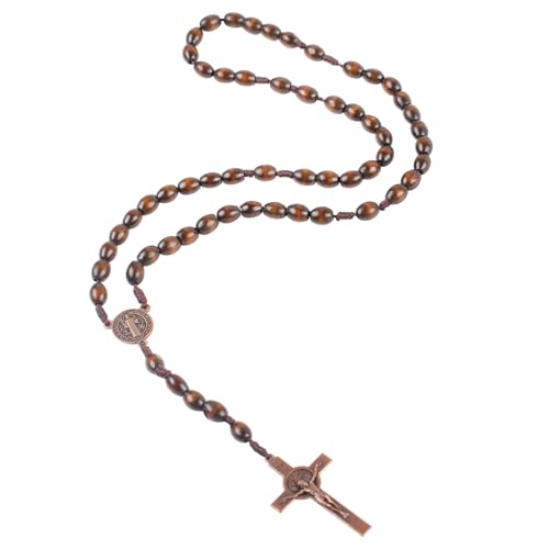 Wooden Rosary Beads 30cm Brown Rosary Necklace Premium Solid Walnut Blessed Rosary for Men Women Dangling Cross Pendant Rosarios Catolicos Prayer Beads First Communion Religious Christian Gift