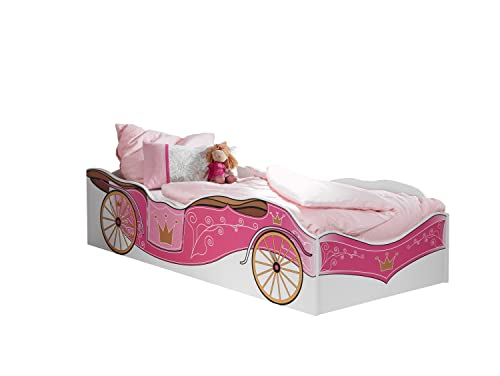 Jugendmöbel-24 585 Kinderbett Zoe weiß pink - 90x200 cm, GS-geprüft, für Mädchen Kinderzimmer, Kutschen Liege, Prinzessinen Design, Jugendbett Cover