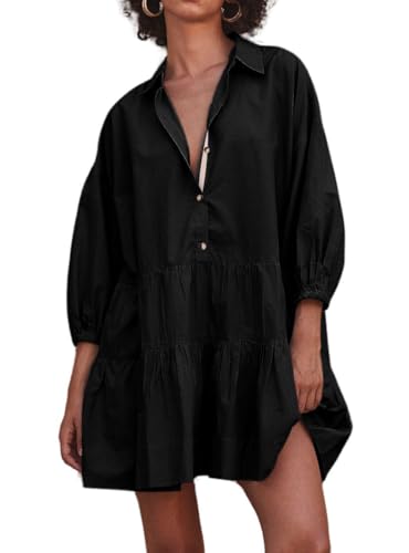 Image of chouyatou Women's Summer Puff Sleeve Tiered Tunic Babydoll Dress Cute Mini Button Down Shirt Dress