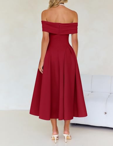 Image of ZESICA Summer 2026 Cocktail Dresses for Women's Off Shoulder Short Sleeve Swing A Line Wedding Evening Party Midi Dress