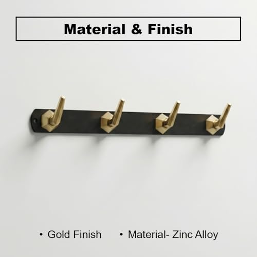 Image of Modern Design Cloth Hanger for Wall /4 Hook Dress Hanger for Door Mount /Bathroom Hooks for Hanging (Black & Gold Finish) Pack of 3-| 3 Years Warranty |