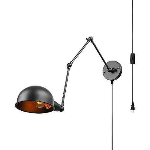 Litfad Antique Style Domed Shape Adjustable Sconce Light Swing Arm Light Fixtures Metal 1 Light Led Wall Light Industrial Black Plug In Wall Lamp Mounted Lighting For Study Bedside Dining Room