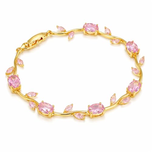 Image of Okos Gold Plated Tulip Pink Stone Bracelet for Women & Girls | Elegant Floral Link Bracelet | Lightweight Adjustable Bracelet for Daily Wear, Party & Gifting