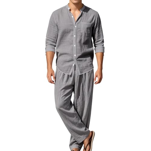 Men Linen 2 Piece Set Casual Button Shirt Loose Pants (Gray,X-Large)