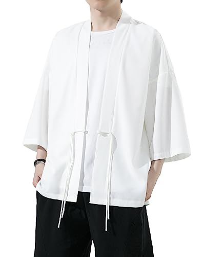 Image of Mens Kimono Cardigan Cotton Linen Japanese Shirt 3 /4 Sleeve Haori Yukata | Skin-Friendly Solid Color Lightweight Shawl Collar Kimono Robe Embroidery Button Tie Pockets Happi Coat All Season Daily Wear