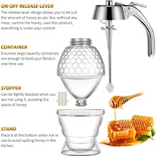 Homava Honey Dispenser No Drip Glass with Stainless Steel Top - Syrup Dispenser Glass - Beautiful Honey Pot - Honey Jar with Stand 2