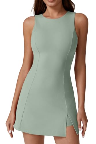 QINSEN Womens Crew Neck Tennis Dress Sleeveless Side Slit Golf Athletic Dress Build in Shorts with Pockets