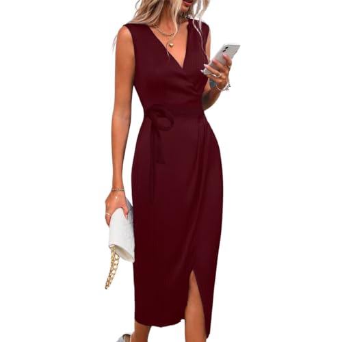 Vestido Midi Elegante Envelope Transpassado Canelado Premium 3 Formas De Usar (BR, Numérico, 38, 40, Regular, Regular, Vinho)