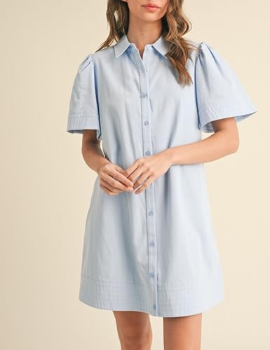 Image of Womens Short Sleeve Button Down Mini Shirt Dress Lapel Collar Short Dresses with Pocket