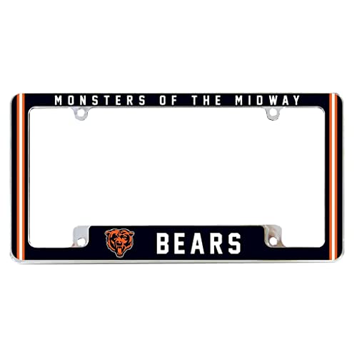 NFL Chicago Bears Monsters of The Midway Premium Full Color Long Lasting Zinc Alloy Chrome Plated Team License Plate Frame - 4 Screw Tag Holder with Highlighted Team Pride Cheer