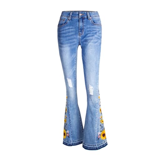 Women's Wide-Leg Denim Pants with a Stylish Floral Embroidered Bell Bottom Flare Jeans