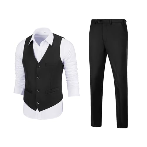 Mens Suits Vest Pant Set Slim Fit Tuxedo 2 Pieces V-Neck Casual Suit Waistcoat Wedding Groomsmen2