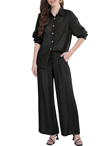 Adigaber Chándal de Manga Larga para Mujer Camisa con Botones y Holgado Cintura Alta Pierna Ancha Cordón Pantalones con Bolsillos