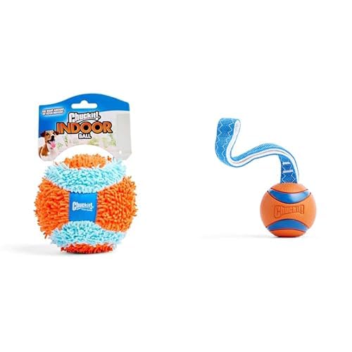 Chuckit Indoor Fetch Ball 4 75 Ultra Tug 3 Ball with Nylon Handle Dog Toy Bundle - Interactive