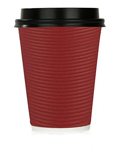 Disposable Hot Coffee Insulated Cups by Golden Spoon – 50 Pack Set Complete with Lids – Stylish Contemporary Ripple Design - Perfect for Take Away Coffee Shops and Bars (12 oz, Red)