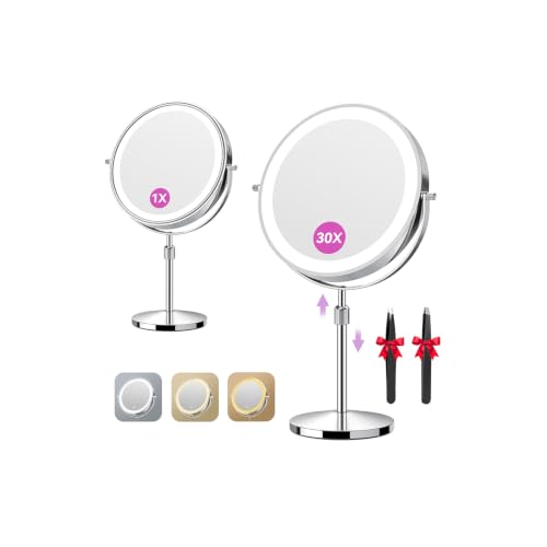 Auxmir Espejo Maquillaje con Luz 1X/30X Aumento Recargable Altura Ajustable | Doble Cara 360° Giratorio, 3 Colores y Brillo Regulable, 5000mAh con Cable USB-C, Telescópico para Mesa Tocador, Plata