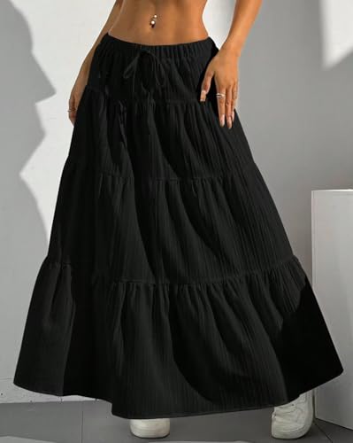 Image of Jawdrobe Women's Georgette Ruffle Hem Long Flared Skirt Lightweight Soft Fabric| High-Waisted Ruffled Maxi Plain and Pleated Skirt