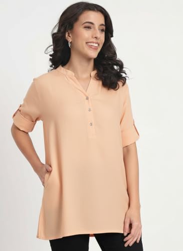 Image of Women's Roll-Up Sleeve Tunic Top, V-Neck with Button Front, Side Pockets, Rayon Short Kurti