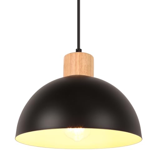 iDEGU 25cm Retro Pendant Light E27 LED Ceiling Light Modern Scandinavian Style Hemisphere Hanging Lampshade Metal Wood Pendant Light Fixture for Bedroom Dining Room Kitchen Restaurant (Black)