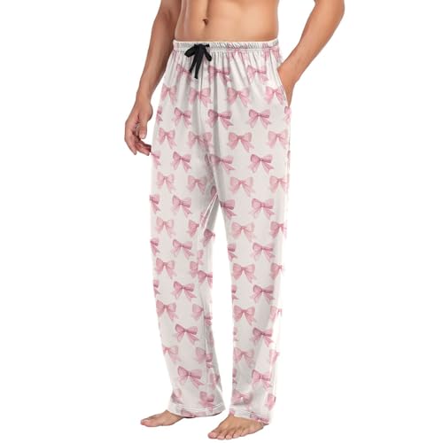 Men’s Pink Bow Pajama Pants with Pockets, Comfortable Lounge Sleep Bottoms#9554