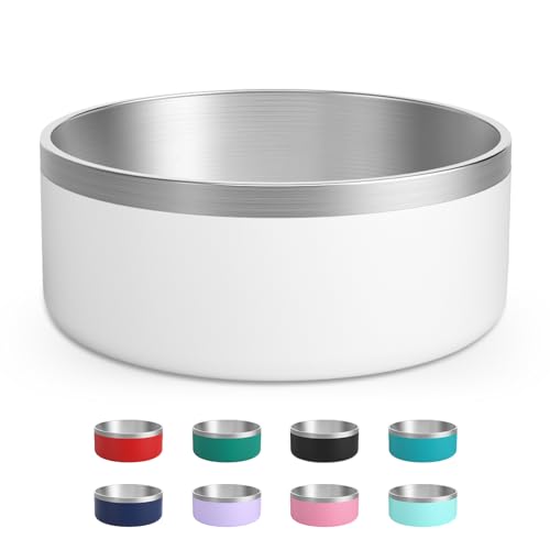 LIHOOOOM Stainless Steel Dog Bowl, Metal Water and Food Dish for Large Dogs, Insulated Non-Slip Pet Bowl, Easy Clean, 40oz, White