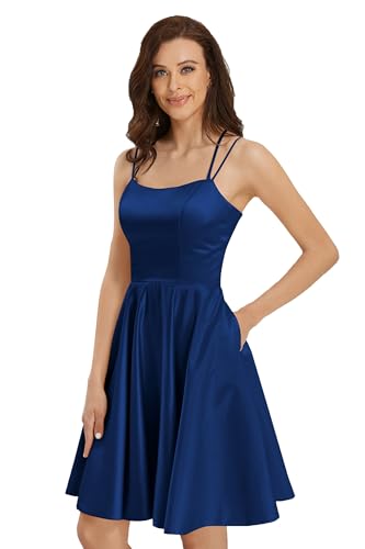 Short Homecoming Dress Satin with Pockets Spaghetti Strap Mini Built-in Bra Cocktail Dresses