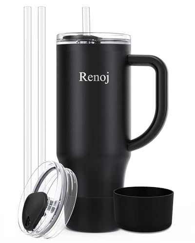 Image of Renoj Insulated Mug 100% Spill Resistant Insulated Water Bottle for Iced Coffee & Hot Drinks - Fits Car Cup Holder, Ideal Gift, 2 Straws & Silicone Boot - FlexSlide White 40 oz