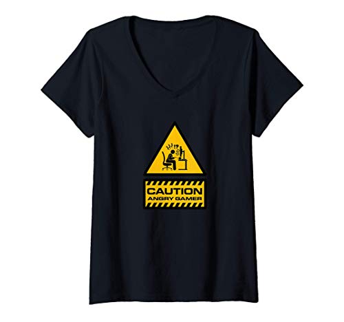 Femme Angry gamer gaming funny videogames consoles danger caution T-Shirt avec Col en V