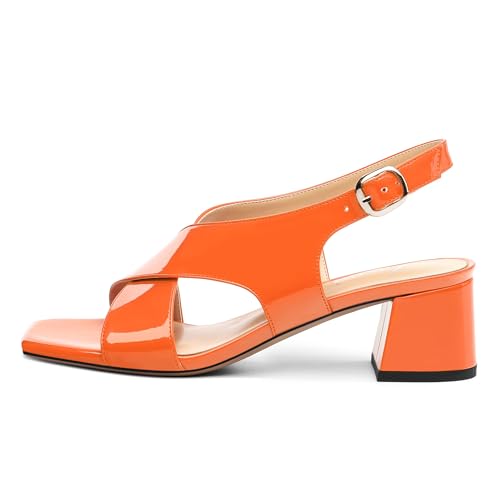 Women's Criss Cross Sandals Square Open Toe Block Chunky Low Heel Slingback Ankle Strap Adjustable with Buckle Patent Dating Fashion Dress Shoes 2 Inch2