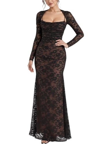 Black Lace Dress, Women Cami Maxi Dress Romantic Long Sleeve Lace Bodycon Dresses Elegant XS : Clothing, Shoes & Jewelry
