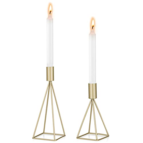 Sziqiqi Lot de 2 Bougeoirs Chandeliers Candélabres en Noir Métal Géométrique, Bougeoirs de différentes Tailles, Vintage Bougeoir de Décoration de Table Mariage, Or Cover