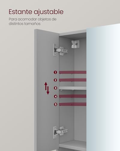 VASAGLE Kailyn Colección - Armario de Baño con Puertas, Armario de Pared con Espejo, Compartimento Abierto, Estantes Ajustables, 16,5 x 70 x 75 cm, Gris Paloma BBK129G01 - imagen 6