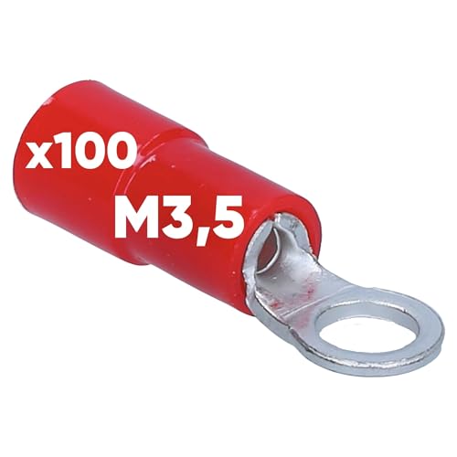 Kalitec RKSGM3,5 - Capocorda ad anello 0,5 – 1 mm², parzialmente isolato, M3,5 rosso, in rame, colletto, in PVC, per il collegamento di cavi o fili, capicorda I connettori per cavi proteggono i