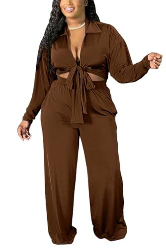 2 Piece Outfits for Women Sexy V Neck Print Shirts Tie Knot Batwing Blouses Crop Top Wide Leg Pants Set