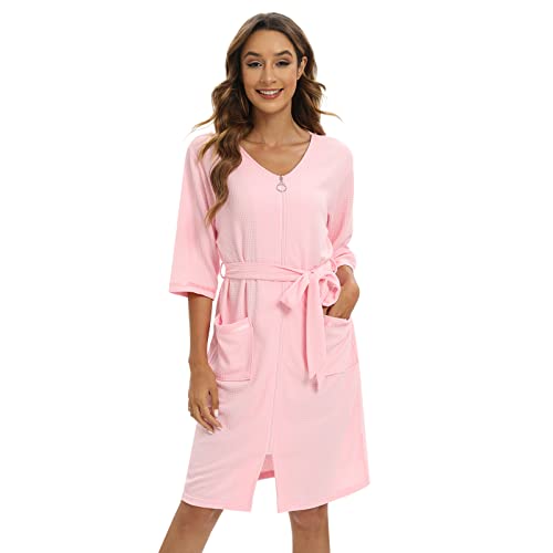 Women Zipper Robe Half Sleeve Housecoat Cotton Waffle Knit Robe Zip Up Bathrobes Short Nightgown Loungewear With Pockets #TOP5