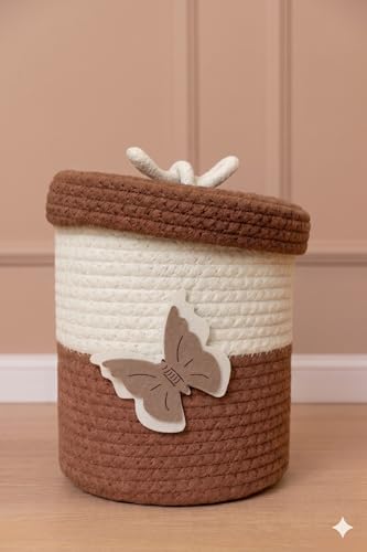 Image of Jute Basket For Storage Cotton Rope Toys Basket With Lid Handwoven Natural Foldable Laundry Hamper for Home, Office, Living Room Size 10x10 inch (brown butter fly)
